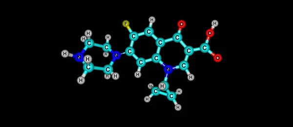 Ciprofloxacin molekulární struktura izolované na černém pozadí — Stock fotografie