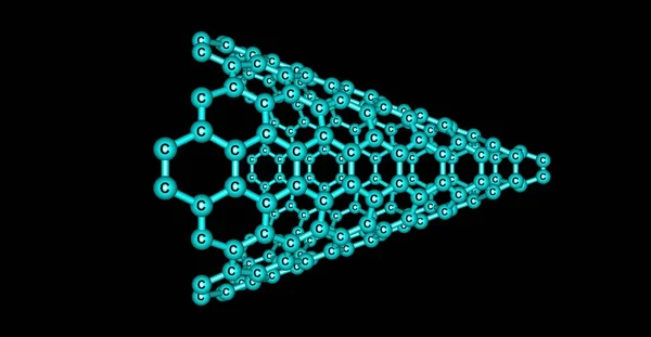 Kohlenstoff-Nanokonus-Molekülstruktur auf Schwarz isoliert — Stockfoto