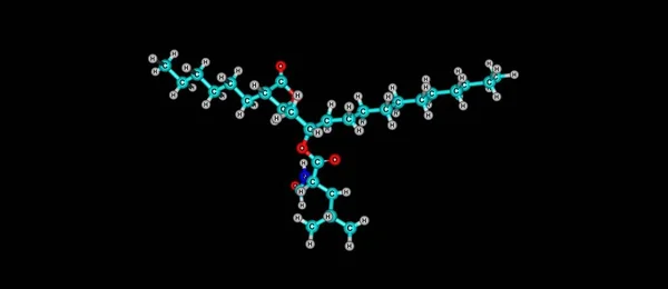 Molekulare Struktur von Orlistat isoliert auf schwarz — Stockfoto