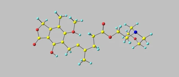Молекулярная структура микофенольной кислоты изолирована на сером — стоковое фото