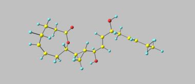 Gri arka plan üzerinde izole Neohalicholactone moleküler yapısı