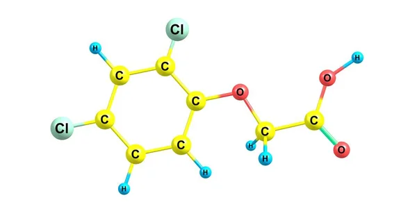 Estructura molecular del ácido 2,4-diclorofenoxiacético aislada sobre fondo blanco — Foto de Stock