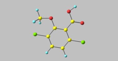 Dicamba, ilk olarak 1967 yılında kaydedilen geniş spektrumlu bir bitki öldürücüdür. 3d illüstrasyon