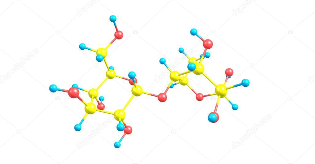 Maltose or maltobiose or malt sugar is a disaccharide formed from two units of glucose joined with an alpha bond. 3d illustration