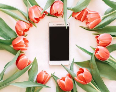 Arka plan kırmızı lale ve bir telefonla