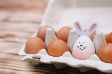 9 Paskalya yumurtası ve 1 tavşan kulaklı yumurta manzarası. Paskalya tavşanı. Metin için yer.