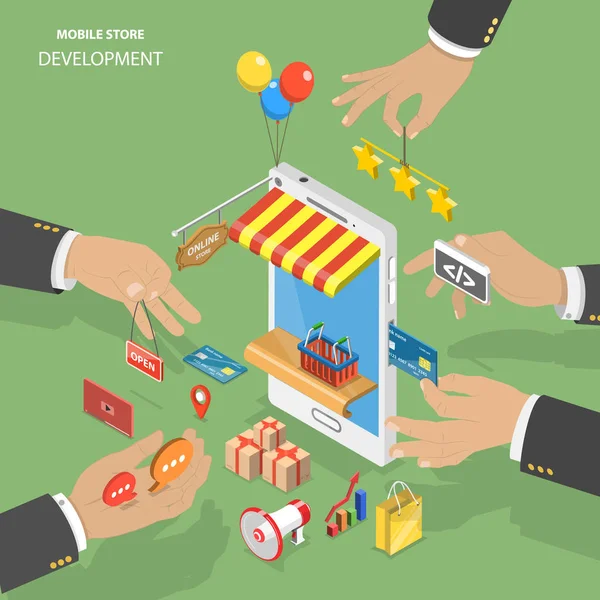 Mobile store development flat isometric low poly vector concept. — Stock Vector