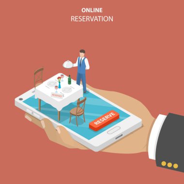 Online rezervasyon düz izometrik vektör konsept Restoran.