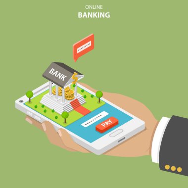 Online Bankacılık düz izometrik vektör kavramı.