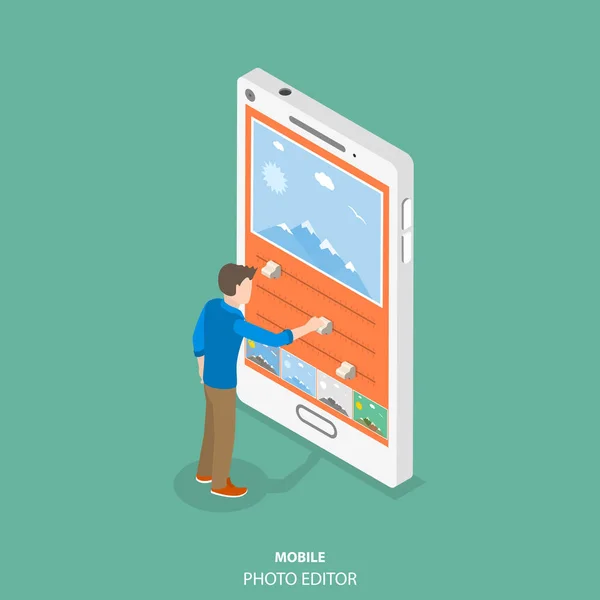 Mobile image editor flat isometric vector concept. — Stock Vector