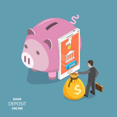 Online banka mevduat düz izometrik vektör kavramı.