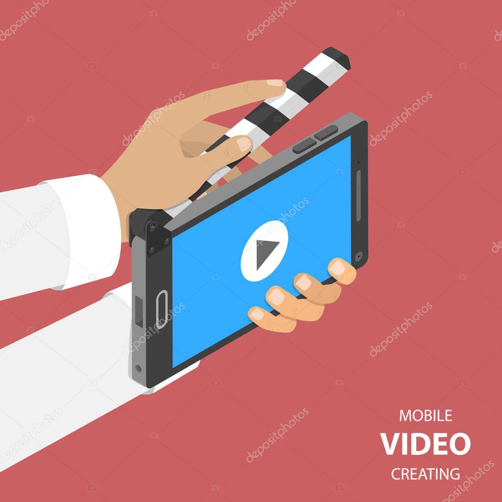 Mobile video creating flat isometric vector.