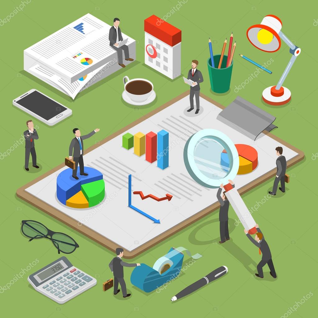 Financial audit flat isometric vector concept.