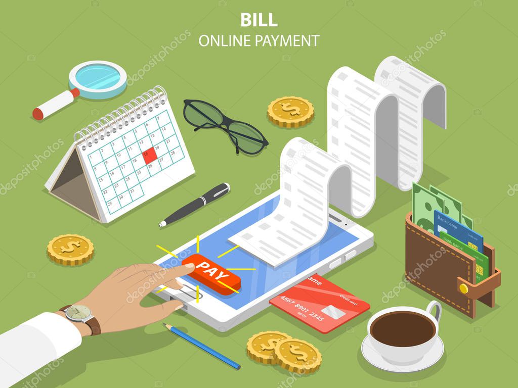 Bills online payment flat isometric vector concept