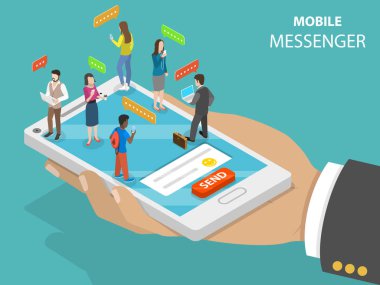 Mobil messenger düz izometrik vektör kavramı.