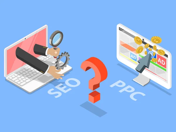 Konsep vektor isometrik datar SEO vs PPC . - Stok Vektor