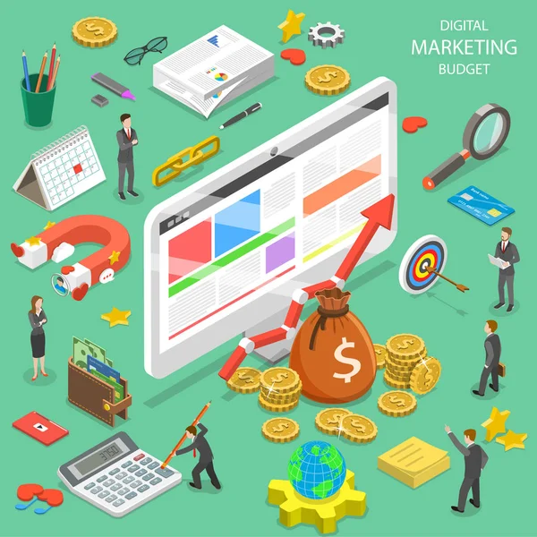 Orçamento de marketing digital vetor isométrico plano . —  Vetores de Stock