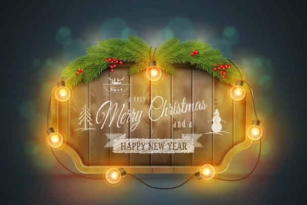 Tablero de Navidad de madera con ramas de pino, bombillas y deseos de vacaciones .. — Archivo Imágenes Vectoriales