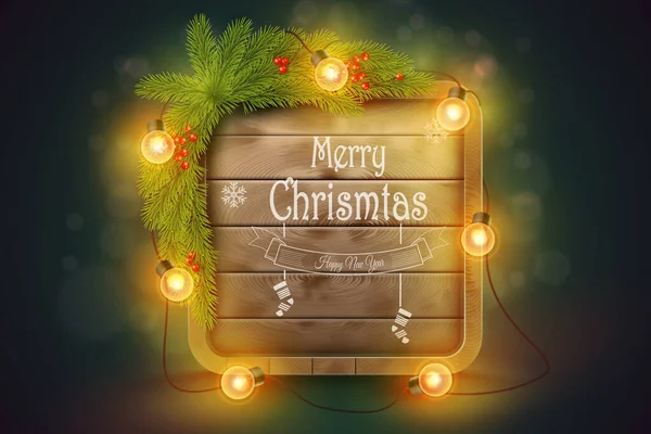 Weihnachtsbrett aus Holz mit Tannenzweigen, Glühbirnen und Weihnachtswünschen. — Stockvektor