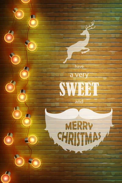 Composition de Noël sur fond de brique avec souhaits et guirlande . — Image vectorielle
