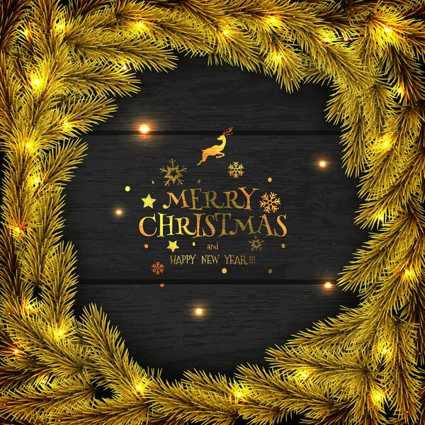 Christmas Golden Wreath on Dark Wooden Background. For Greeting Card. — Stock Vector