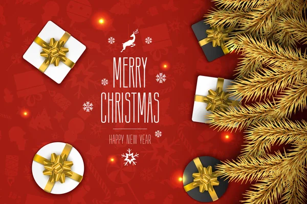 赤の背景にクリスマスの組成物。グリーティングカード、ポスター、バナー. — ストックベクタ