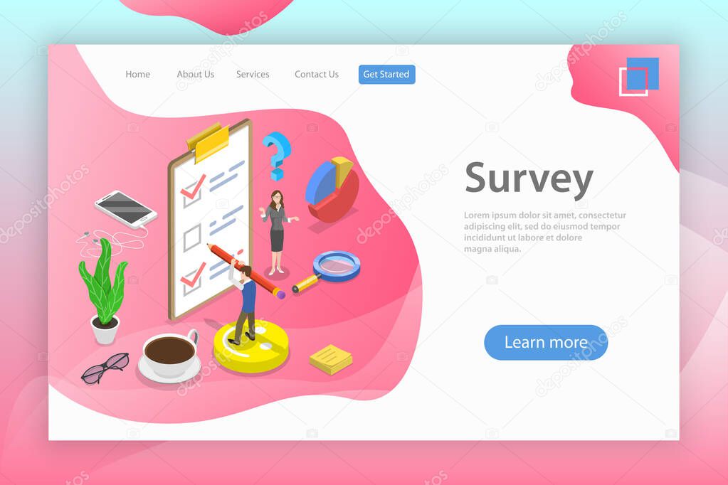 Isometric flat vector landing page template of survey, customer rating.