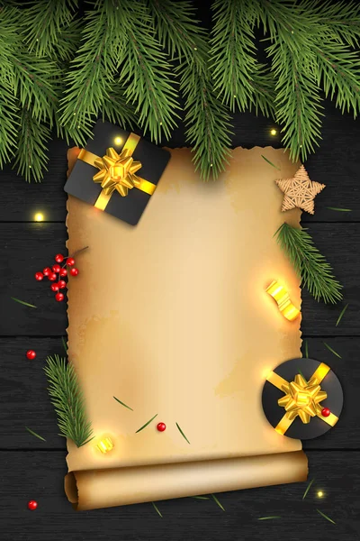 Composition vectorielle de Noël sur fond en bois foncé. Pour carte de vœux . — Image vectorielle