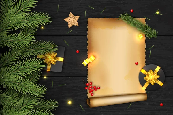 Composition vectorielle de Noël sur fond en bois foncé. Pour carte de vœux . — Image vectorielle
