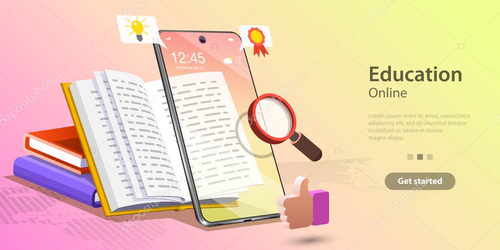 Online Education Concept, Landing Page Template for Website, Distance Courses and E-learning, Digital Cloud Library.