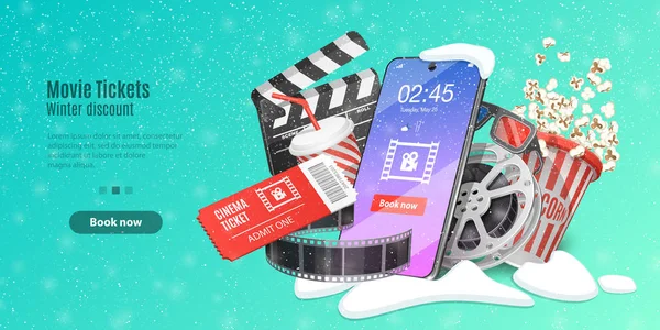 Billets de cinéma Réservation en ligne, Cinéma mobile, Regarder un film en ligne . — Image vectorielle