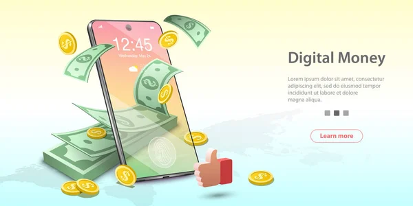 Vector Concept Εικονογράφηση Ψηφιακού Χρήματος, Mobile Banking, Online Wallet. — Διανυσματικό Αρχείο
