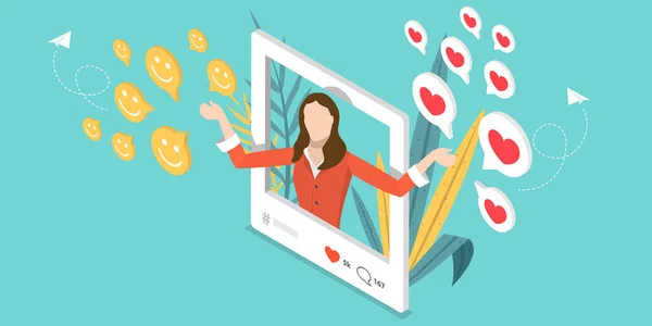 Illustrazione concettuale isometrica vettoriale. Influencer dei social media . — Vettoriale Stock