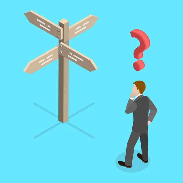 Egy férfi próbálja megtalálni a helyes döntést áll a Crossroad tábla mellett. — Stock Vector