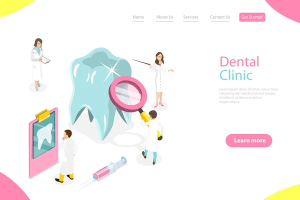 Plantilla isométrica de landing page de vector plano de chequeo dental . — Vector de stock