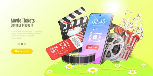 Film Tickets Online Booking, Mobile Movie Theater. — стоковий вектор