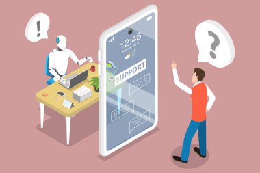 3D Isometric Düz Vektör Müşteri Desteği Chatbot Yardımcısı.