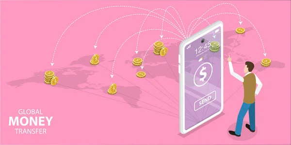 3D Isometric Flat Vector Concept de transfer de bani Mobile App . — Vector de stoc