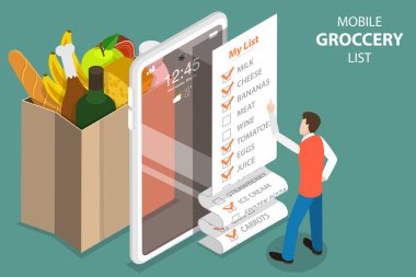 Mobil Market Listesinin 3B Isometric Vektör Kavramı, Alışveriş Listesi Uygulaması.