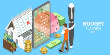 3B Isometric Flat Bütçe Planlama Mobil Uygulaması Vektörü.