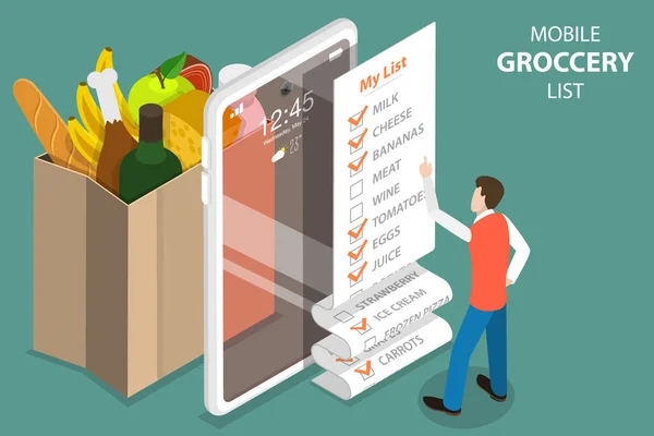 3D Isometric Vector Concept of Mobile Grocery List, Nákupní seznam App. — Stockový vektor