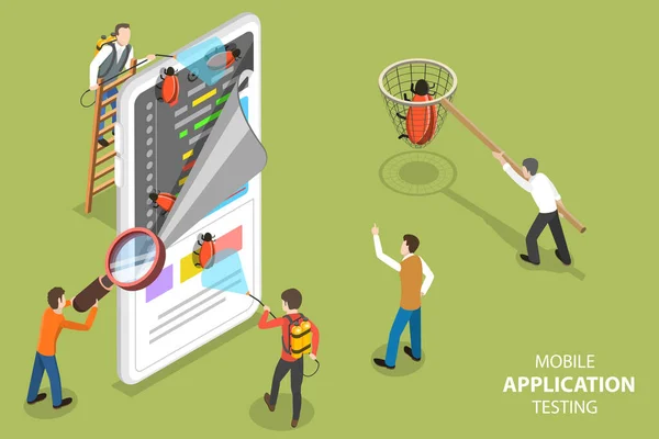 Concepto de vectores planos isométricos 3D de pruebas de aplicaciones móviles, garantía de calidad . — Vector de stock