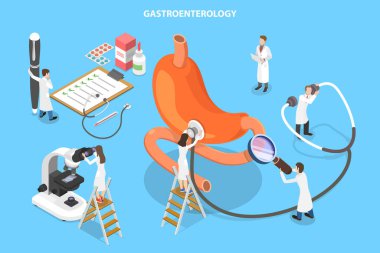 3D Isometric Gastroenteroloji, Sindirim Sistemi ve Bozuklukları Düz Vektör Kavramı.