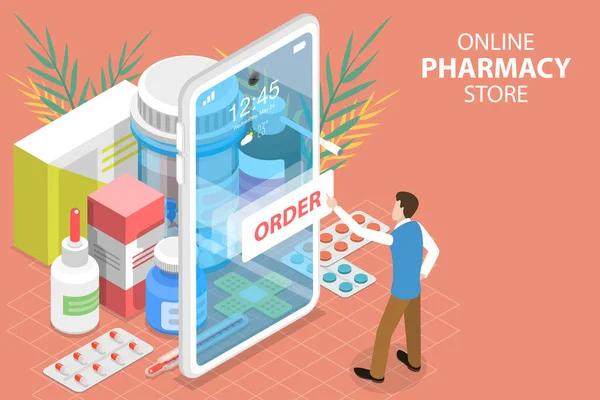 3D ισομετρική επίπεδη αντίληψη διάνυσμα του σε απευθείας σύνδεση φαρμακείου κατάστημα, ιατρική παραγγελία Mobile App. — Διανυσματικό Αρχείο