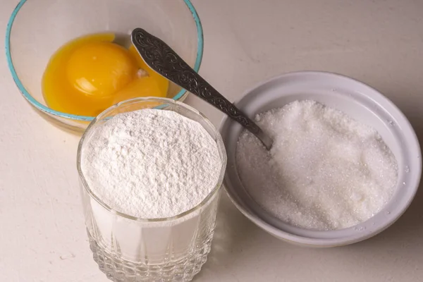 Ingredients Homemade Pie Stand Table Flour Sugar Egg Close — Stock Photo, Image