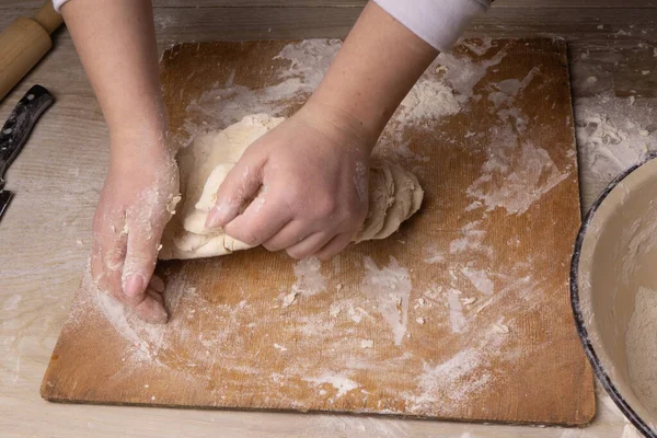 Woman Kneads Dough Plywood Cutting Board Wooden Flour Sieve Wooden — Stock Photo, Image