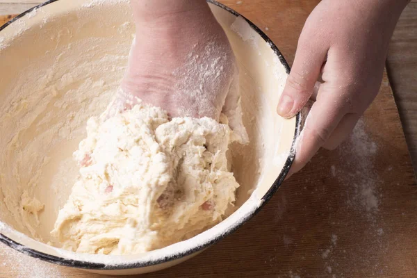 Female Hands Mixing Dough Home Kitchen — Stock Photo, Image