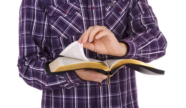 Hombre Sosteniendo Una Biblia Aislado Sobre Fondo Blanco — Foto de Stock