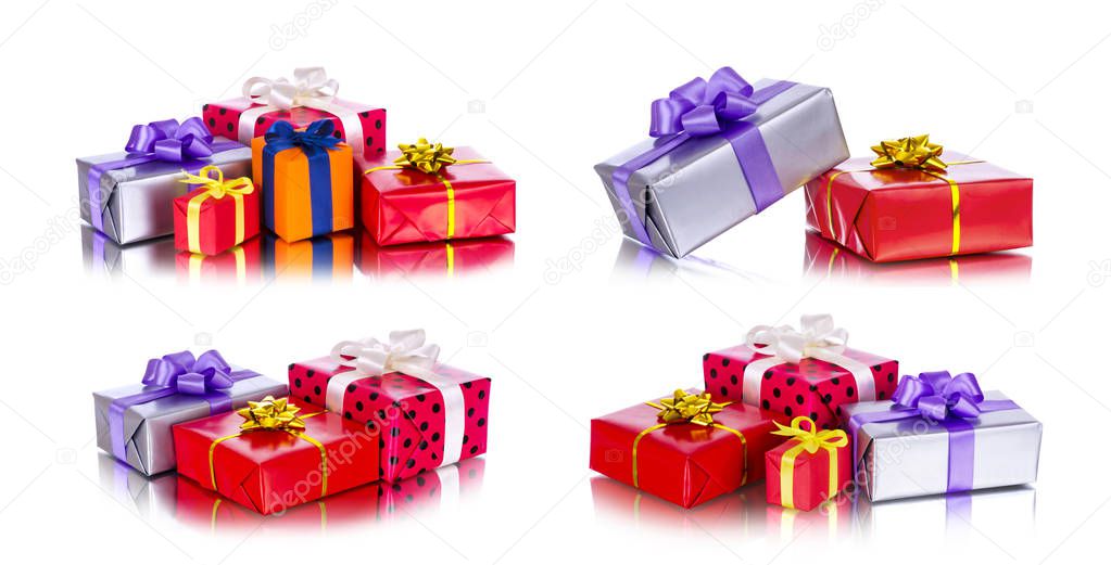 Collection row of colorful gift boxes with bows, isolated on white