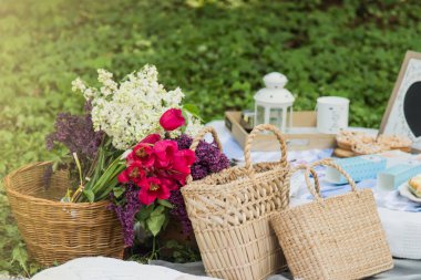 Piknik süslemeler, cannotier, çiçek, meyve. Çimenlerin üzerinde Parkta piknik: masa örtüsü, sepet, sağlıklı yiyecek ve aksesuarları, üstten görünüm.
